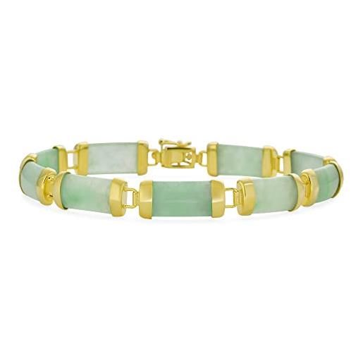 Bling Jewelry braccialetto a maglia di tubo sagomato in giada verde chiaro autentica in stile asiatico per donne placcato in oro giallo 14k. 925 argento sterling 7,5 pollici