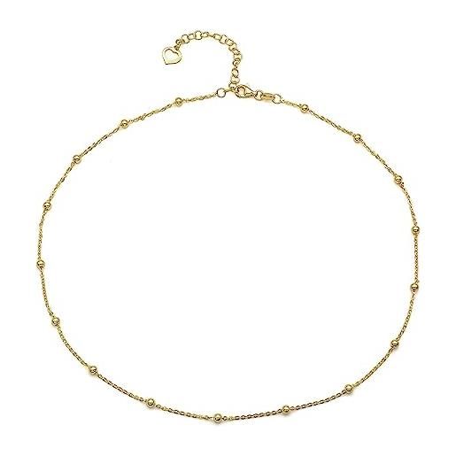 Aka Gioielli® - collana girocollo donna in argento 925 placcata oro giallo 18 kt - catenina con sfere - lunghezza regolabile