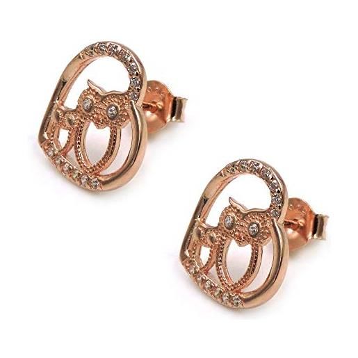 Damiano Argenti orecchini cuore con gufi in argento 925 placcato oro rosa con zirconi bianchi argento