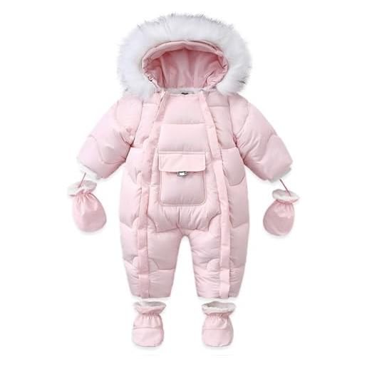 Acuryx tuta da neve per neonato bambino inverno con guanti e scarpe, pagliaccetto da neve invernale con cappuccio tutina caldo trapuntato con cotone rosa 6-9 mesi