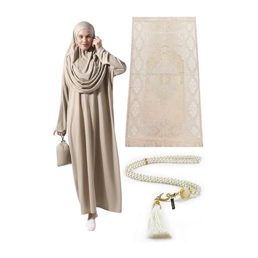 ihvan online abiti musulmani da donna, abito da preghiera islamico a maniche lunghe, tappeto da preghiera e perline, set islamico, visone, xs-xxl