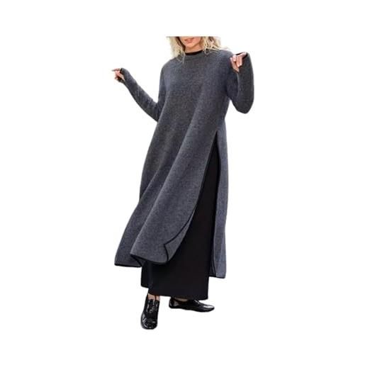 BaFra winter women's high slit maxi dress knit sweatshirt, loose long sleeve jumpers, extra long ankle length pullover sweater (l, gray)