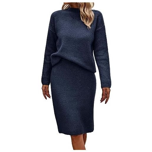 IQYU abito da donna in due pezzi, elegante, lunghezza alla caviglia, spesso caldo, con tasche, maxi abito per il tempo libero, per le feste, scollo rotondo, maglione a maglia + gonna lunga a vita alta, blu