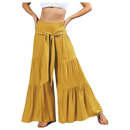 Yimutian donne pantaloni casual gamba larga palazzo pantaloni larghi colore solido pantaloni comodi da spiaggia giallo xl