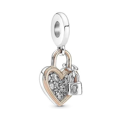 PANDORA pendente doppio moments con cuore con lucchetto in argento sterling placcato in oro rosa 14k con zirconia cubica trasparente
