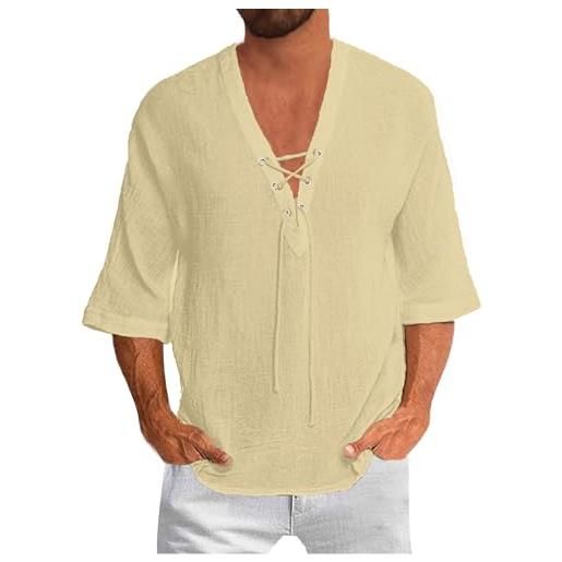 YAOBAOLE moda uomo v-collo cotone lino pizzo camicie nonno collare spiaggia yoga top, cachi, l
