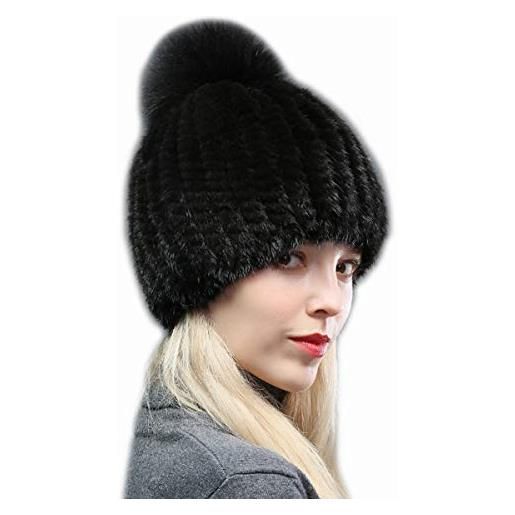 XUYUZUAU cappelli invernali da donne ragazze vera pelliccia di visone cappello berretto in maglia con pompon elastico caldo