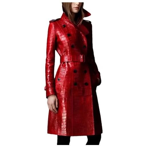 Pulcykp trench in pelle con stampa lunga per donna cappotto elegante in stile britannico doppio petto, rosso, l