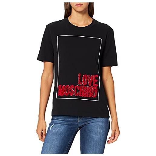 Love Moschino short sleeved t-shirt seasonal logo box with embroidery and 3-d effect organza petals donna, nero, 42