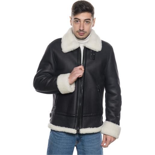 Leather Trend franco bis - giacca uomo nero con pelo bianco in vero montone shearling