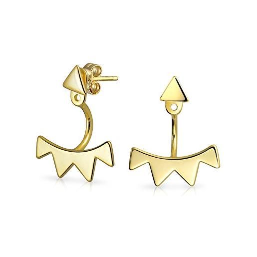 Bling Jewelry triangolo geometrico frangia spike anteriore posteriore orecchini per le donne per adolescenti placcato oro giallo 14k. 925 sterling silver