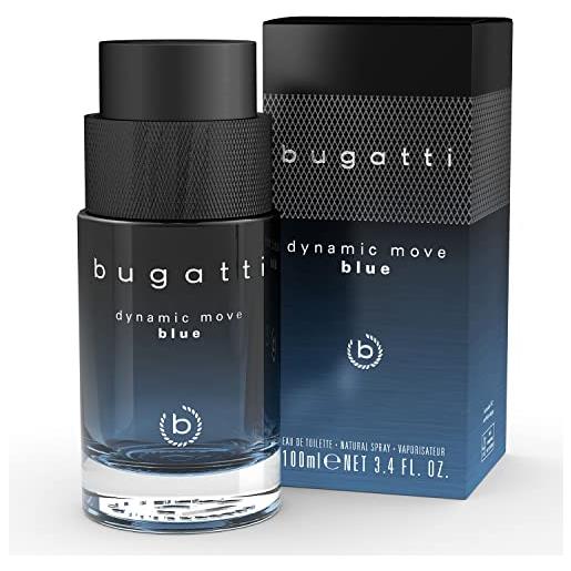 Bugatti profumo dynamic move blue 100 ml, profumo aromatico al agrume, profumo da uomo, con combinazione tonificante di lavanda, limone e muschio, marittimo, fresco e sensuale