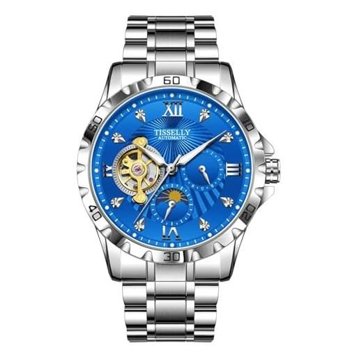 FORSINING orologio da uomo automatico tourbillon con fasi lunari, orologi meccanici, alla moda, da lavoro, con diamanti luminosi, blu