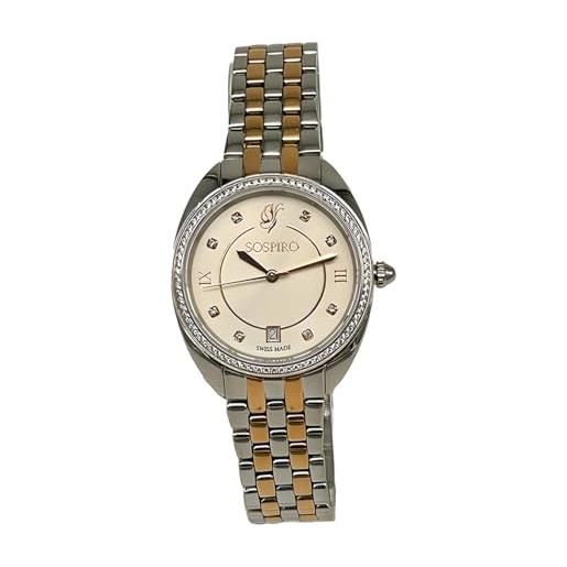 Sospiro orologio da donna in acciaio inossidabile diamantini e oro rosa, analogico al quarzo 32mm, bracciale ss, fatto in svizzera, 5atm, vetro zaffiro