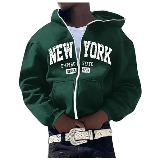 Gefomuofe y2k - giacca da uomo con zip e cappuccio new york con stampa a stelle, motivo grafica, harajuku per coppie, felpa vintage, con cappuccio, unisex, con cappuccio, verde, m