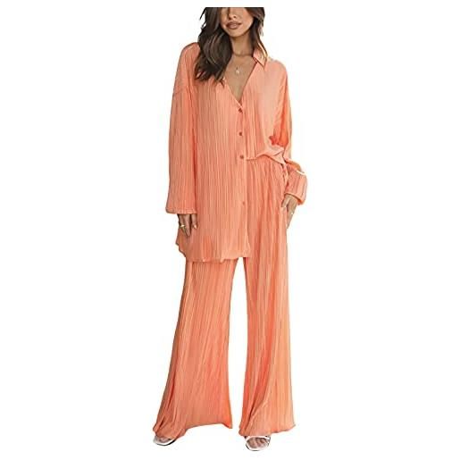 Koitniecer completo da donna 2 pezzi y2k pieghettato manica lunga pulsante camicia gamba larga palazzo loungewear streetwear (light arancia, xl)