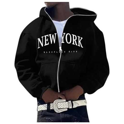 LOIJMK felpa con cappuccio da uomo alla moda e per il tempo libero, con scritta in inglese new york e chiusura lampo intera, colore nero, nero , xxl