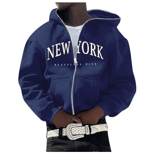 LOIJMK felpa con cappuccio da uomo alla moda e per il tempo libero, con scritta in inglese new york e chiusura lampo intera, colore nero, blu marino, l