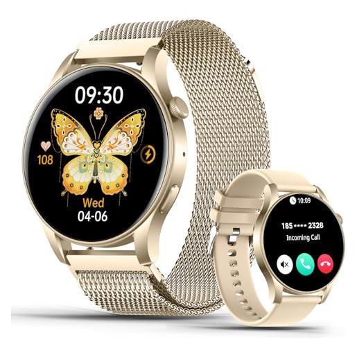 SZHELEJIAM smartwatch donna con chiamate, smartwatch display amoled 1.43'', orologio intelligente fitness con 24h cardiofrequenzimetro /spo2 /sonno, smart watch compatibile con ios android oro