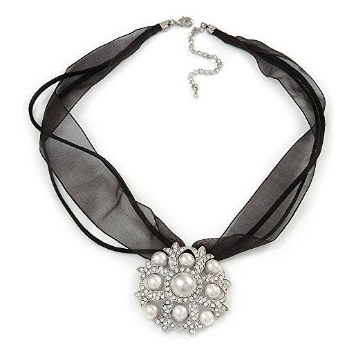 Avalaya bianco perla di vetro, trasparente, ciondolo a forma di fiore con nastro di organza nero in argento - 44 cm l/7 cm allungabile
