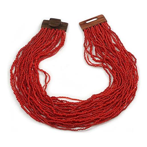 Avalaya collana multifilo con perline di vetro rosso scuro, con chiusura quadrata in legno, lunghezza 60 cm, misura unica, legno