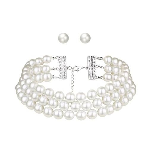 EVER FAITH set di 3 file di perle con orecchini a perline, classica perla simulata da 10 mm, per feste a tema gatsby, perla