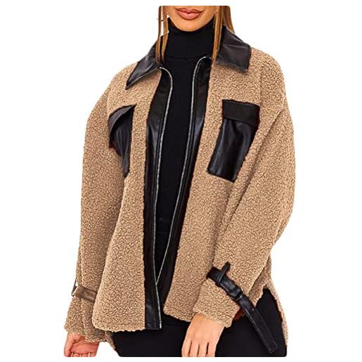 ORANDESIGNE cappotto da donna giacca in peluche invernale parka elegante teddy outerwear caldo lapel giacche cappotti cardigan con tasche c-cachi m