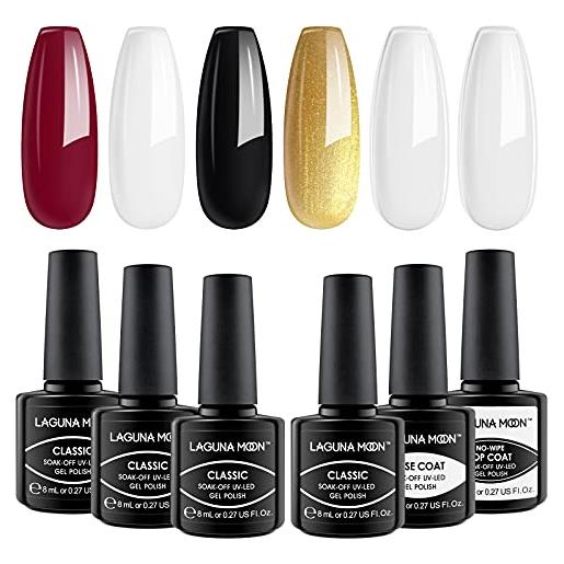 Laguna. Moon set di smalti gel per unghie, base e top coat + 4 colori rosso scuro, oro, nero, bianco, kit di smalti gel per unghie fai da te di qualità professionale - kit smalto soak off uv led per