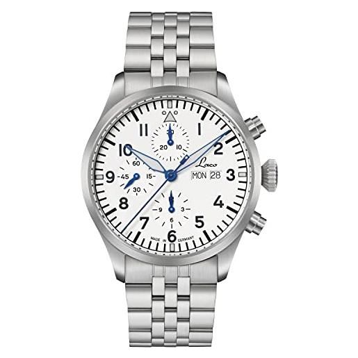 Laco cronografo kiel. 2 orologio automatico di alta qualità, diametro 43 mm, impermeabile, made in germany, nastro in metallo bianco, bracciale