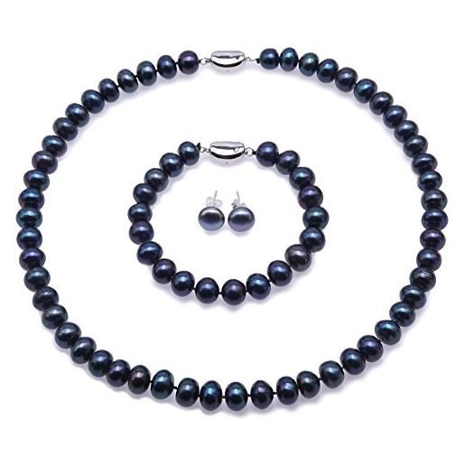 JYX Pearl set di collana, bracciale e orecchini a perno con perle d'acqua dolce naturali di qualità aa, in argento sterling 925 (blu pavone e bianco), perla, perla