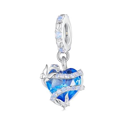 NINGAN 925 ciondolo a forma di cuore incantato in argento sterling perline blu scintillanti strass opalino adatto per le donne bracciale collana