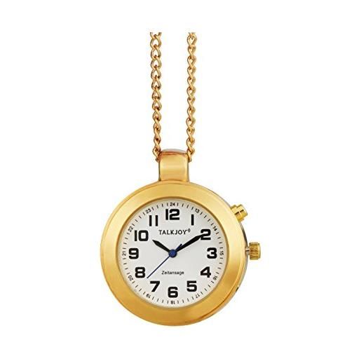 TalkJoy orologio parlante dorato a ciondolo, da donna, con catena dorata, orologio da taschino per gli anziani e i non vedenti
