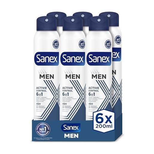 Sanex men active control deodorante spray per uomo, confezione da 6 x 200 ml, protezione 48 h, antitraspirante, anti irritazione, 0% alcool, combattimento il cattivo odore, protezione lunga durata