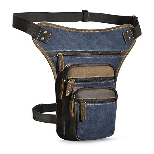 Handadsume tela resistente all'acqua + vera pelle moto equitazione travel coscia borsa per gambe marsupio in vita per gli uomini donne 913-5 (w-3111-caffè)