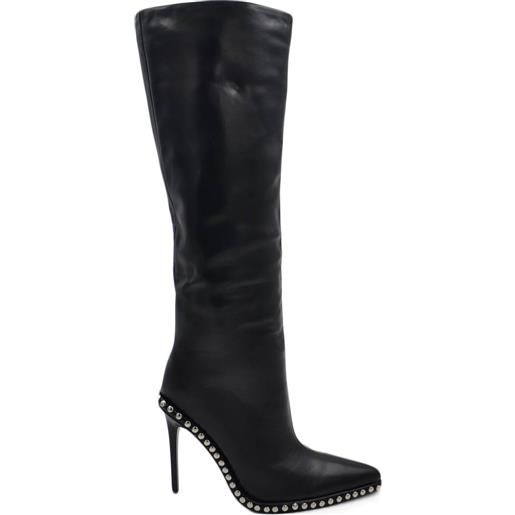 Malu Shoes stivale alto in pelle nera donna al ginocchio tacco a spillo 15 cm aderente con zip a punta e borchie argento aderente