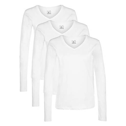 Berydale maglietta a maniche lunghe con scollo a v in 100% cotone, donna, bianco (confezione da 3), l
