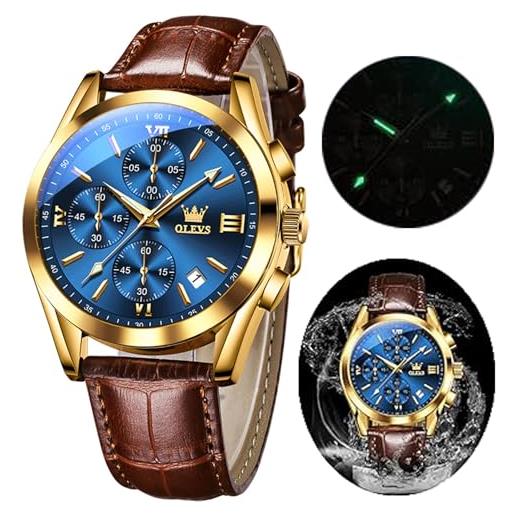 OLEVS men's chronograph quartz watches, leather strap gold case with day date, waterproof stainless steel wrist watch, luminous watches for men, fashion, leisure