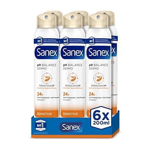 Sanex dermo sensitive deodorante spray, confezione da 6 pezzi x 200 ml, antitraspirante, fino a 24 ore di protezione contro il sudore e l'odore, delicato sulla pelle sensibile, ripristina il ph