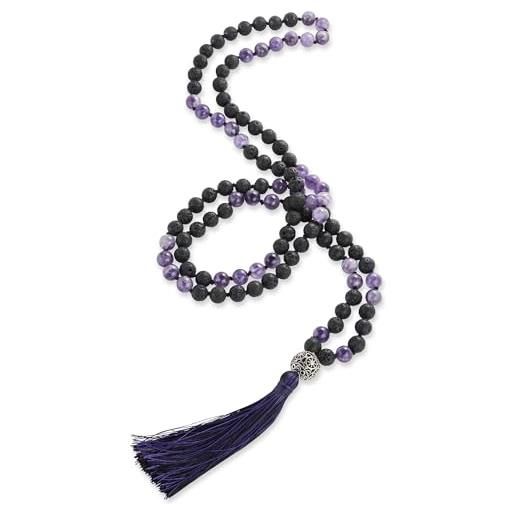 BENAVA collana mala 108 perle di pietra lavica nera viola | collana di preghiera e meditazione yoga con nappina e perlina guru | 100 cm