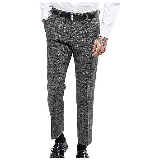 Solovedress pantaloni da uomo vintage da herringbone tweed alto in lana, slim fit, per matrimonio, grigio. , 36