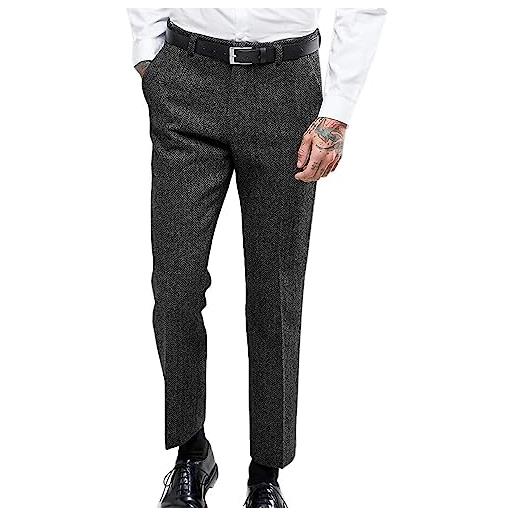 Solovedress pantaloni da uomo vintage da herringbone tweed alto in lana, slim fit, per matrimonio, grigio. , 36