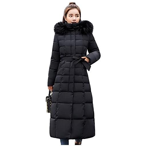 DAIHAN cappotto lungo da donna imbottito caldo giacca invernale cappotto spesso con cappuccio in pelliccia ecologica giacca invernale lungo trench giubbotto slim fit giacca cotone, nero, m