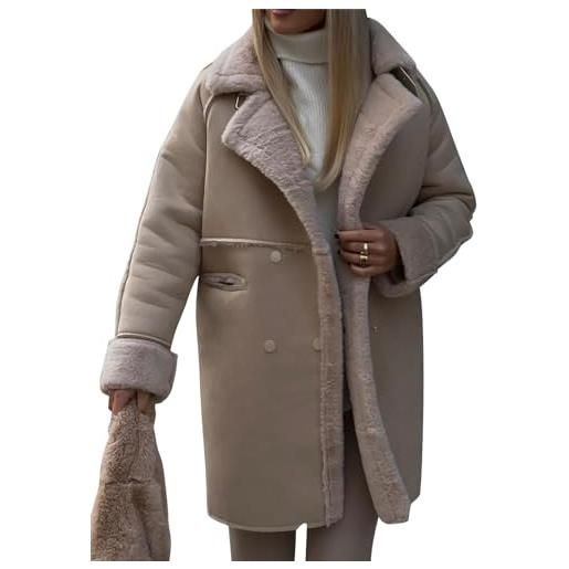 shownicer cappotto donna invernale cappotto scamosciata manica lunga risvolto giacca lunga invernale caldo cappotti in pile casual parka outerwear a cachi l