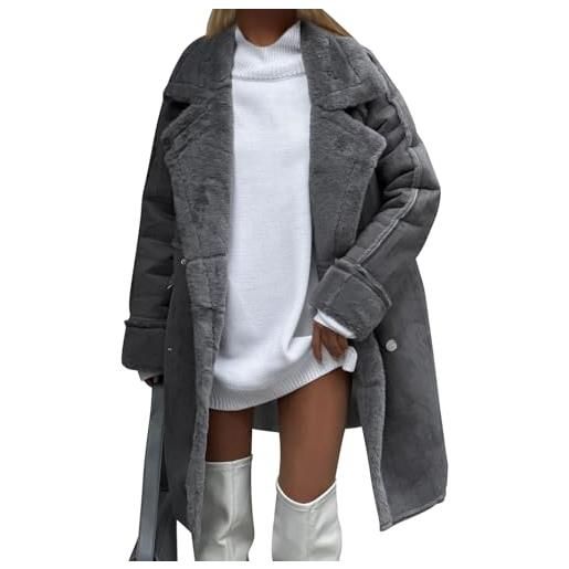 shownicer cappotto donna invernale cappotto scamosciata manica lunga risvolto giacca lunga invernale caldo cappotti in pile casual parka outerwear a cachi m