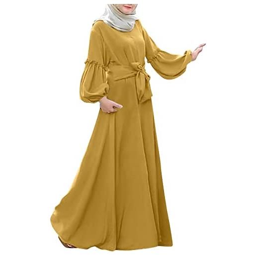 MODSGUE abaya muslim - abito da donna in stile caftano bronzato, elegante, maxi abito islamico, con camicia ricamata, lunghezza intera, giallo. , m