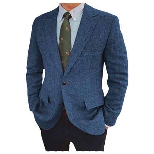 Tiavllya uomo herringbone blazer british tweed lana mix vintage 2 bottoni sport cappotti giacca, blu, 58