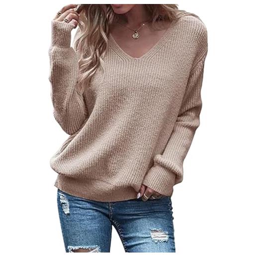 ORANDESIGNE maglioni donna invernali eleganti scollo a v maglia manica lunga a costine maglione pullover casual di base sweater caldo e morbido maglieria maglioncino cachi m