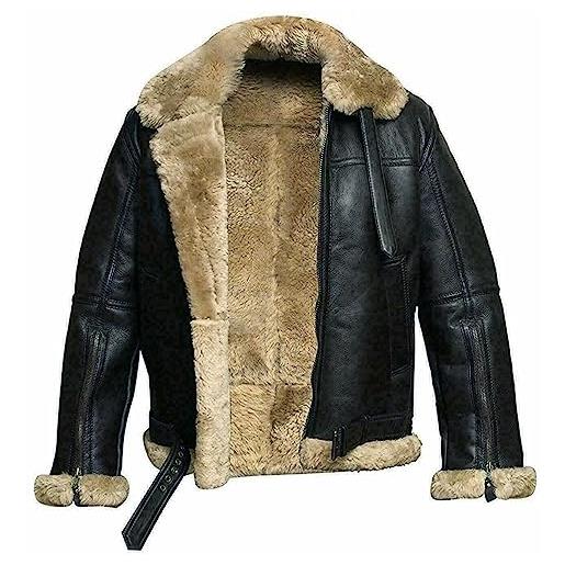 Shopoyn giacca da uomo in shearling b3 in pelle bomber cappotto aviator ww2 - nero n marrone, nero , m