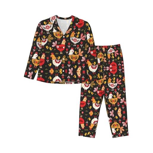ELRoal pigiama a maniche lunghe da donna con stampa di galline e gallo per un'esperienza di sonno morbida e confortevole, nero , l