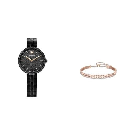 Swarovski cosmopolitan orologio, con cristalliSwarovski e bracciale di metallo, finitura in nero, meccanismo al quarzo, nero & subtle bracciale morbido, placcato in tonalità oro rosa con doppia fila